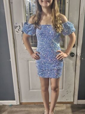 Sparkling Light Blue Off-Shoulder Sequin Mini Dress